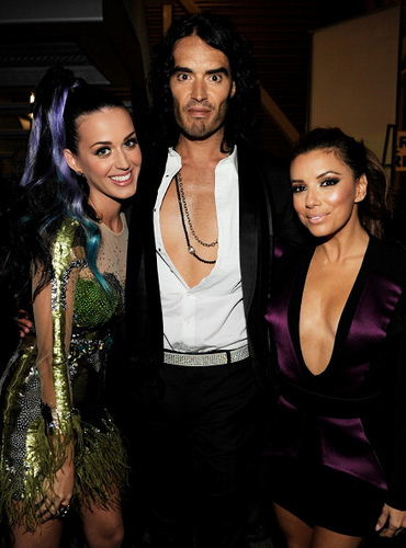 Katy Perry, Russell Brand and Eva Longoria Parker pose backstage during the MTV Europe Music Awards 2010
